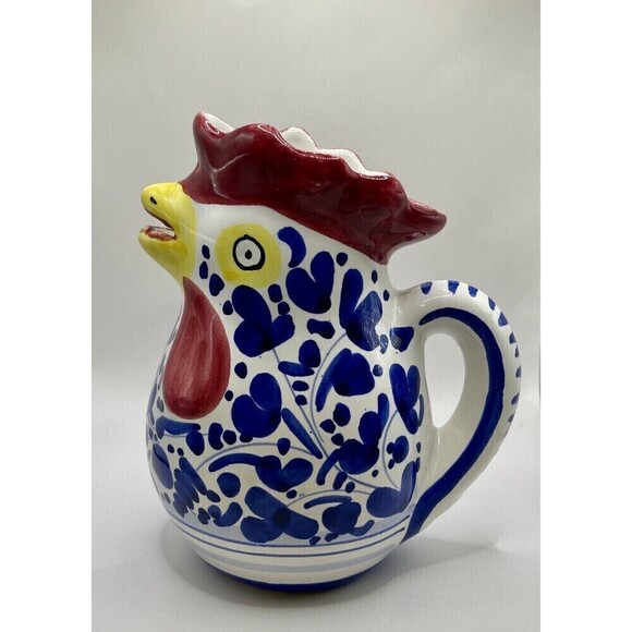 Laeor Deruta Other - Deruta Rooster Pitcher Ornament Hand Painted in Italy 6" Pottery Red Yellow B...